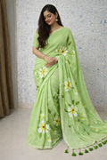 Pistachio Bloom Premium Mull Cotton Handprint Saree-0