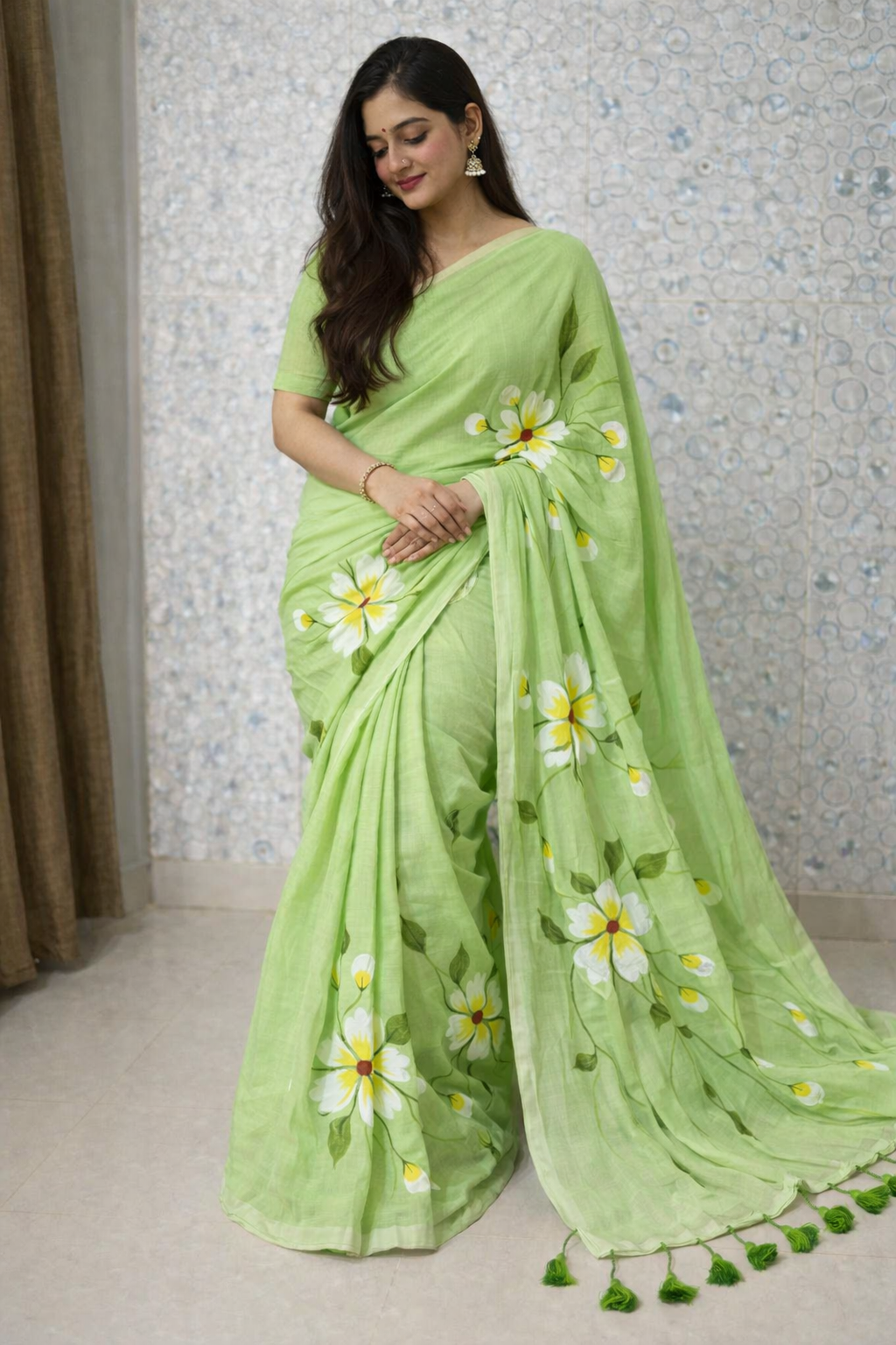 Pistachio Bloom Premium Mull Cotton Handprint Saree-0