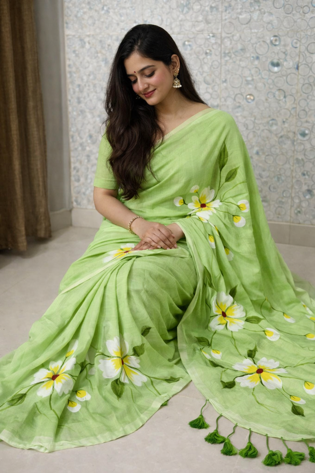 Pistachio Bloom Premium Mull Cotton Handprint Saree-3