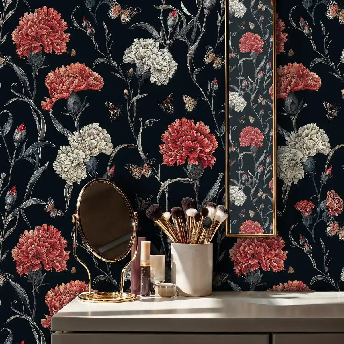 Dark Floral Carnation Butterfly Wallpaper