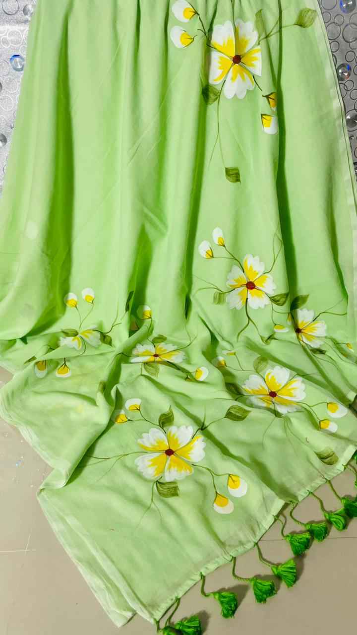 Pistachio Bloom Premium Mull Cotton Handprint Saree-2